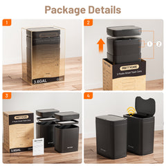PrettyCare 2 Packs 3.6 Gal Automatic Bathroom Trash Cans with Lid Touchless Small Bedroom Plastic Garbage Can Black GC01