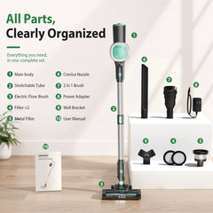 Prettycare Cordless Vacuum Cleaner,30Kpa 40min 6-in-1 Upright Stick Vacuum Cleaner for Pet Hair Carpets Floors with LED light